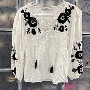 Zara White Blouse with Black Floral Embroidery